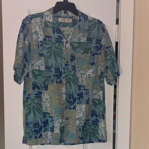 Island Republic Tropical Leaf Print Shirt Silk - Blue, Green, and Tan S